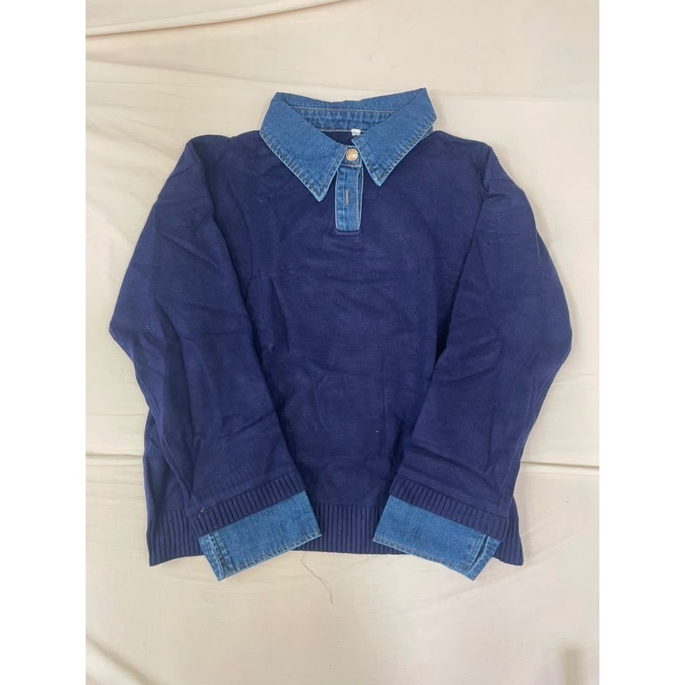 Gunest Navy Knit Sweater Denim Collar Cuffs Mixed Media Gold Button Top L